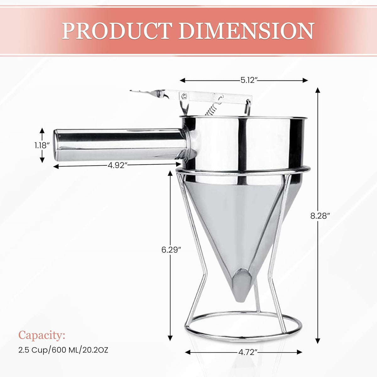 Piston Funnel with Stand - Stainless Steel Confectionery Funnel for Batter Dispensing & Bakery Use - Precise Cake Decorating Tool - Perfect for Pouring Sauces, Chocolate & Fillings | Silver