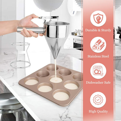 Piston Funnel with Stand - Stainless Steel Confectionery Funnel for Batter Dispensing & Bakery Use - Precise Cake Decorating Tool - Perfect for Pouring Sauces, Chocolate & Fillings | Silver