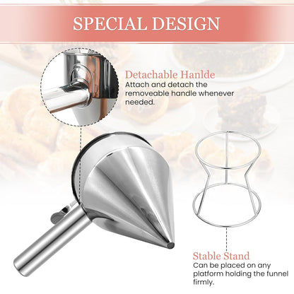 Piston Funnel with Stand - Stainless Steel Confectionery Funnel for Batter Dispensing & Bakery Use - Precise Cake Decorating Tool - Perfect for Pouring Sauces, Chocolate & Fillings | Silver