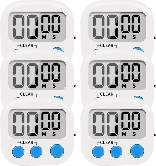 6 Pack Small Digital Kitchen Timer Magnetic Back and ON/Off Switch,Minute Second Count Up Countdown, White