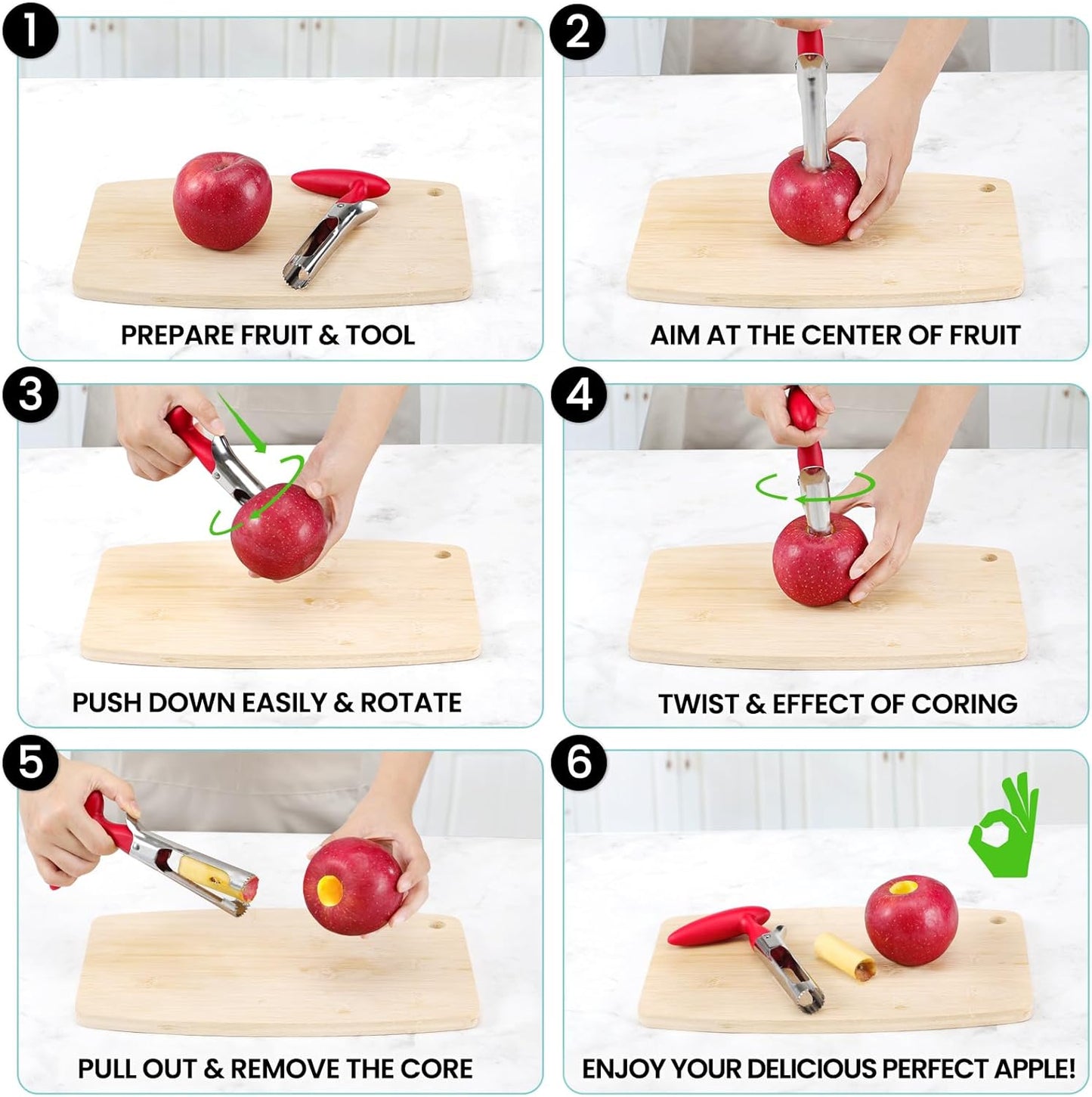 Premium Apple Corer Tool - Easy to Use and Clean - Sturdy Apple Core Remover with Sharp Serrated Blades - Stainless Steel Corers for Apple and Pear - Core Fruits with Ease(Red)