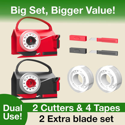 (2-Pack) Wrapping Paper Cutter & Tape Dispenser Dual Use with 4 Tapes，2 Replace Blades Kit for Christmas Gift Wrap Cutter Tool Paper Roll Holder Tube Sliding Slicing for Birthday Holiday.