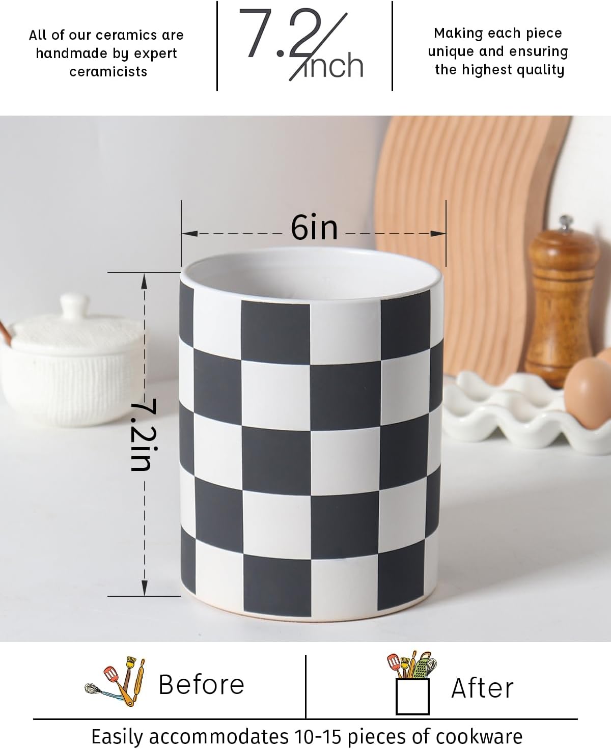 Checkered Kitchen Utensil Holder - 7.2" Ceramic Utensil Crock for Countertop, Kitchen Decor and Accessories for counte (Black)