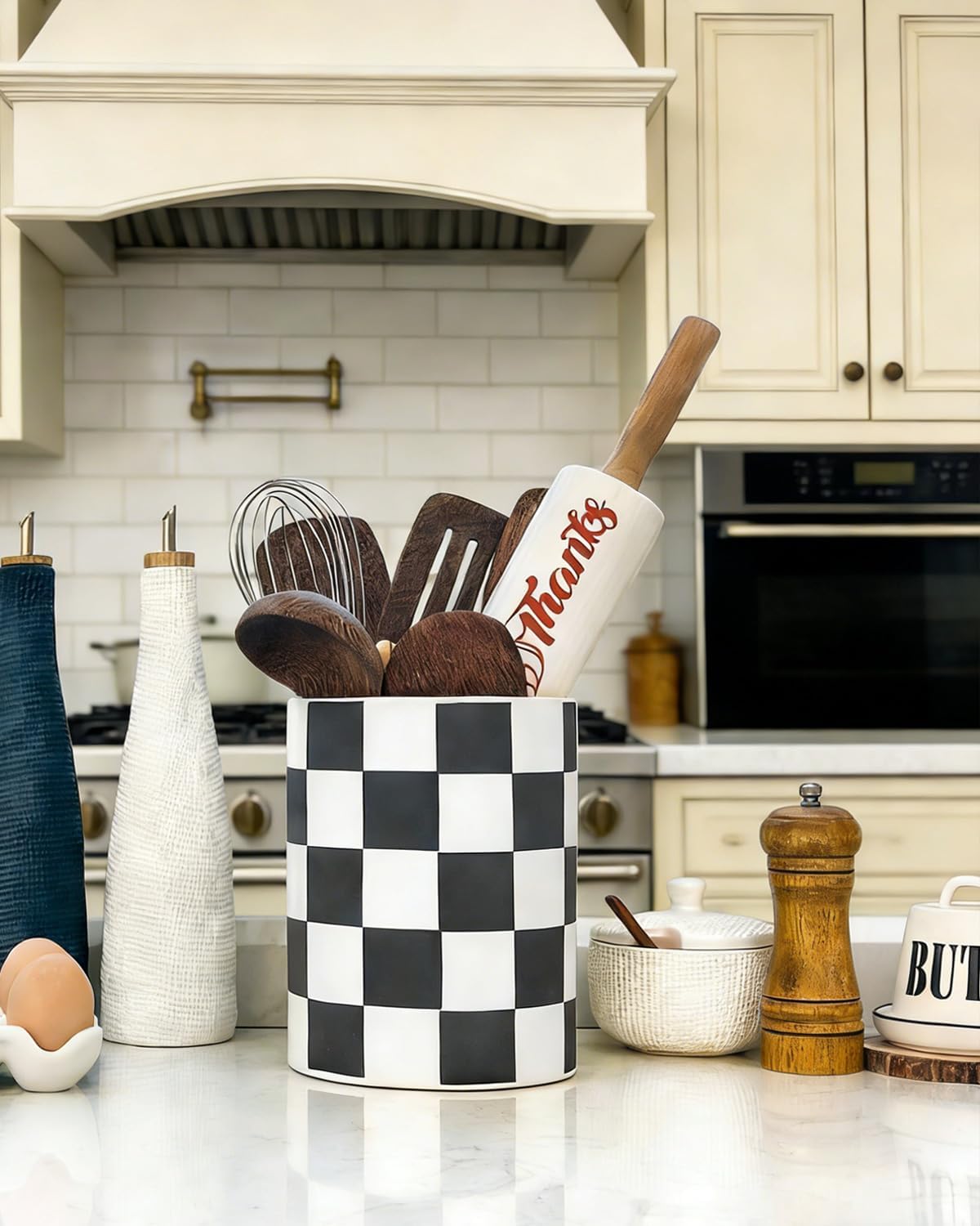 Checkered Kitchen Utensil Holder - 7.2" Ceramic Utensil Crock for Countertop, Kitchen Decor and Accessories for counte (Black)