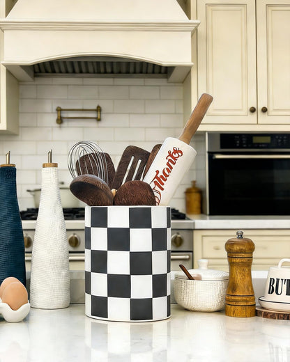 Checkered Kitchen Utensil Holder - 7.2" Ceramic Utensil Crock for Countertop, Kitchen Decor and Accessories for counte (Black)