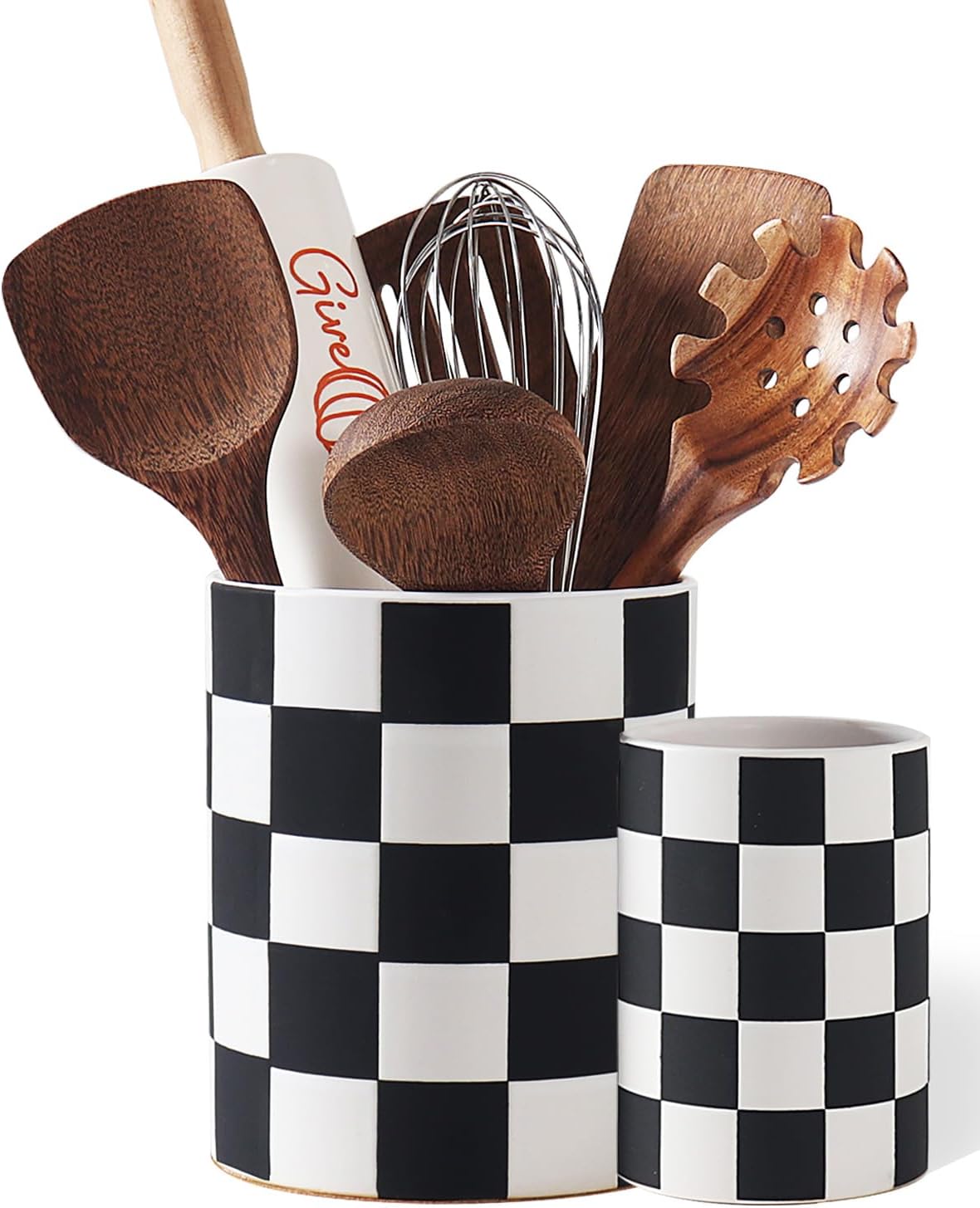 Checkered Kitchen Utensil Holder - 7.2" Ceramic Utensil Crock for Countertop, Kitchen Decor and Accessories for counte (Black)