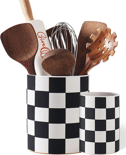 Checkered Kitchen Utensil Holder - 7.2" Ceramic Utensil Crock for Countertop, Kitchen Decor and Accessories for counte (Black)