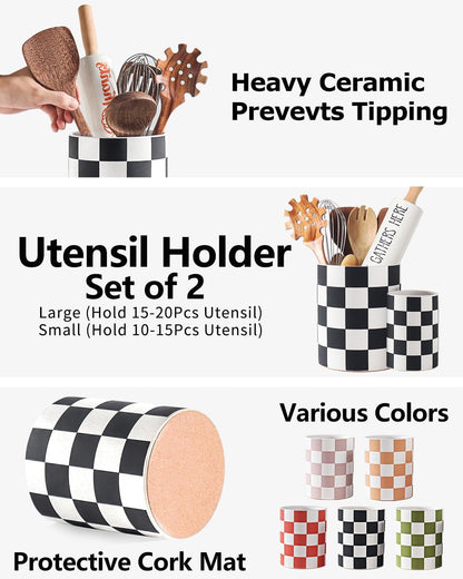 Checkered Kitchen Utensil Holder - 7.2" Ceramic Utensil Crock for Countertop, Kitchen Decor and Accessories for counte (Black)