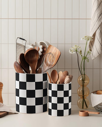 Checkered Kitchen Utensil Holder - 7.2" Ceramic Utensil Crock for Countertop, Kitchen Decor and Accessories for counte (Black)