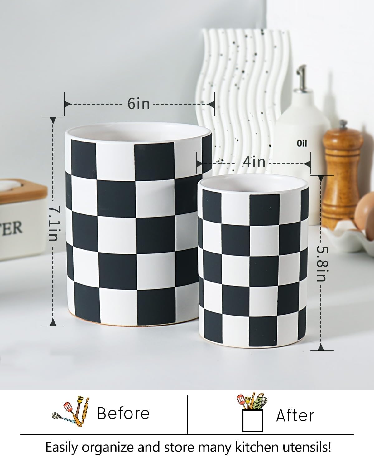 Checkered Kitchen Utensil Holder - 7.2" Ceramic Utensil Crock for Countertop, Kitchen Decor and Accessories for counte (Black)