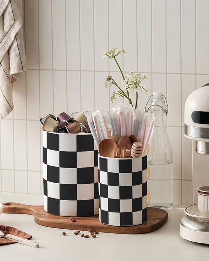 Checkered Kitchen Utensil Holder - 7.2" Ceramic Utensil Crock for Countertop, Kitchen Decor and Accessories for counte (Black)