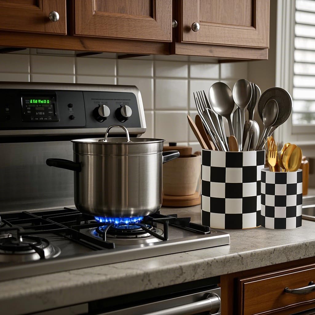 Checkered Kitchen Utensil Holder - 7.2" Ceramic Utensil Crock for Countertop, Kitchen Decor and Accessories for counte (Black)