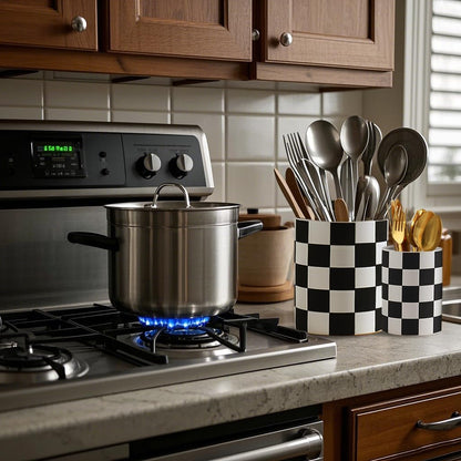 Checkered Kitchen Utensil Holder - 7.2" Ceramic Utensil Crock for Countertop, Kitchen Decor and Accessories for counte (Black)