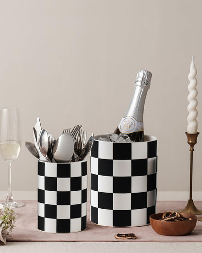 Checkered Kitchen Utensil Holder - 7.2" Ceramic Utensil Crock for Countertop, Kitchen Decor and Accessories for counte (Black)