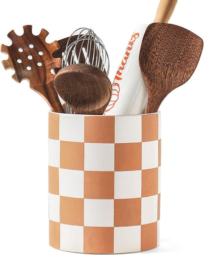 Checkered Kitchen Utensil Holder - 7.2" Ceramic Utensil Crock for Countertop, Kitchen Decor and Accessories for counte (Black)