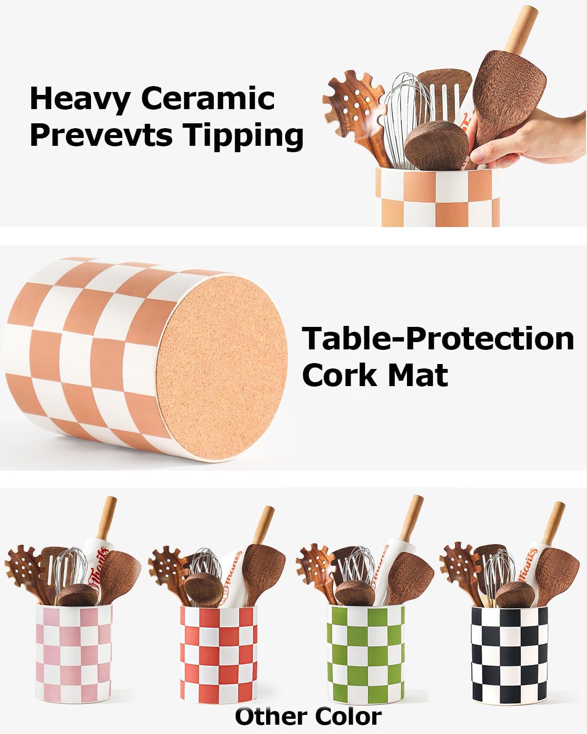 Checkered Kitchen Utensil Holder - 7.2" Ceramic Utensil Crock for Countertop, Kitchen Decor and Accessories for counte (Black)