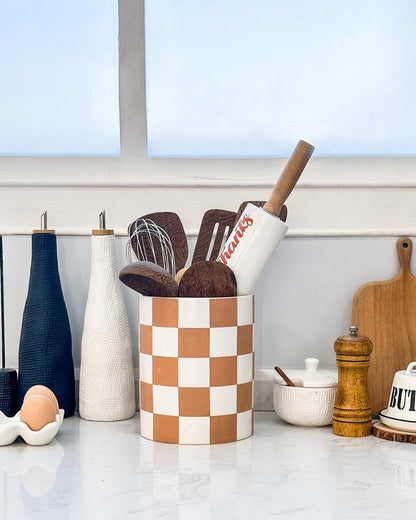 Checkered Kitchen Utensil Holder - 7.2" Ceramic Utensil Crock for Countertop, Kitchen Decor and Accessories for counte (Black)