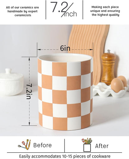 Checkered Kitchen Utensil Holder - 7.2" Ceramic Utensil Crock for Countertop, Kitchen Decor and Accessories for counte (Black)