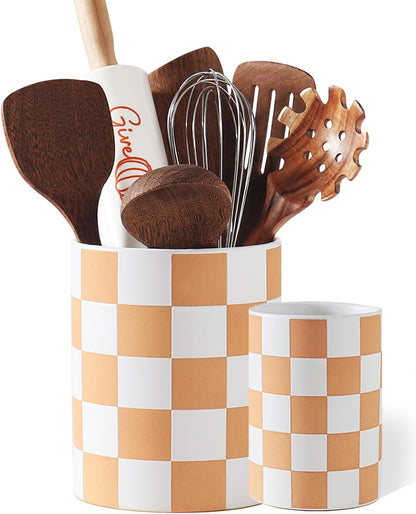 Checkered Kitchen Utensil Holder - 7.2" Ceramic Utensil Crock for Countertop, Kitchen Decor and Accessories for counte (Black)