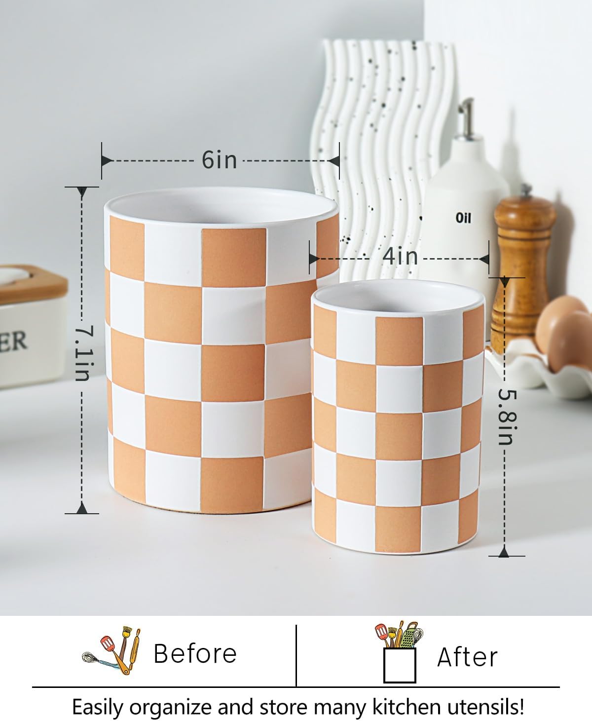Checkered Kitchen Utensil Holder - 7.2" Ceramic Utensil Crock for Countertop, Kitchen Decor and Accessories for counte (Black)