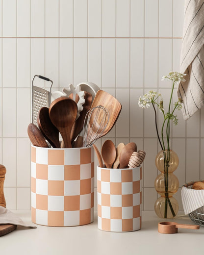 Checkered Kitchen Utensil Holder - 7.2" Ceramic Utensil Crock for Countertop, Kitchen Decor and Accessories for counte (Black)