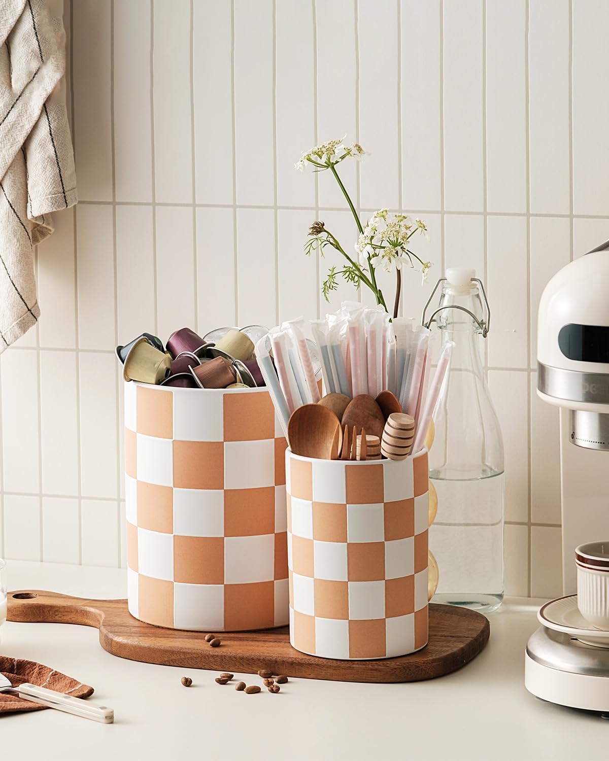 Checkered Kitchen Utensil Holder - 7.2" Ceramic Utensil Crock for Countertop, Kitchen Decor and Accessories for counte (Black)