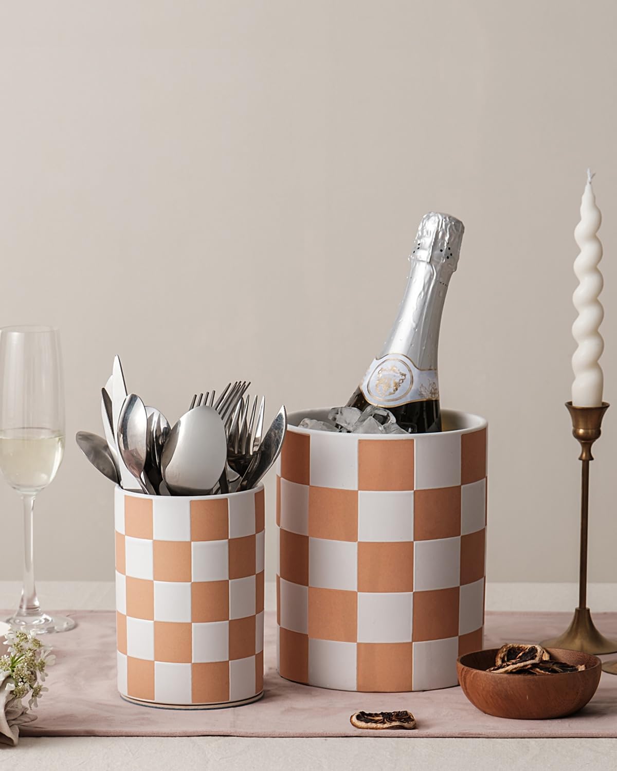 Checkered Kitchen Utensil Holder - 7.2" Ceramic Utensil Crock for Countertop, Kitchen Decor and Accessories for counte (Black)