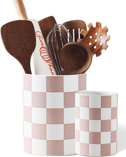 Checkered Kitchen Utensil Holder - 7.2" Ceramic Utensil Crock for Countertop, Kitchen Decor and Accessories for counte (Black)