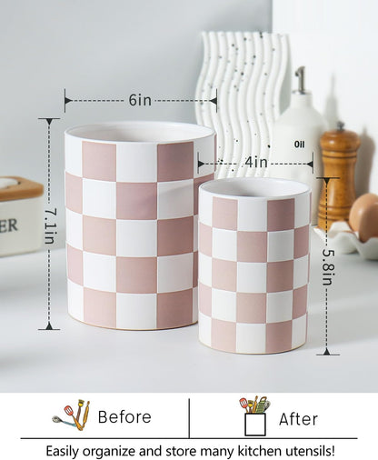 Checkered Kitchen Utensil Holder - 7.2" Ceramic Utensil Crock for Countertop, Kitchen Decor and Accessories for counte (Black)