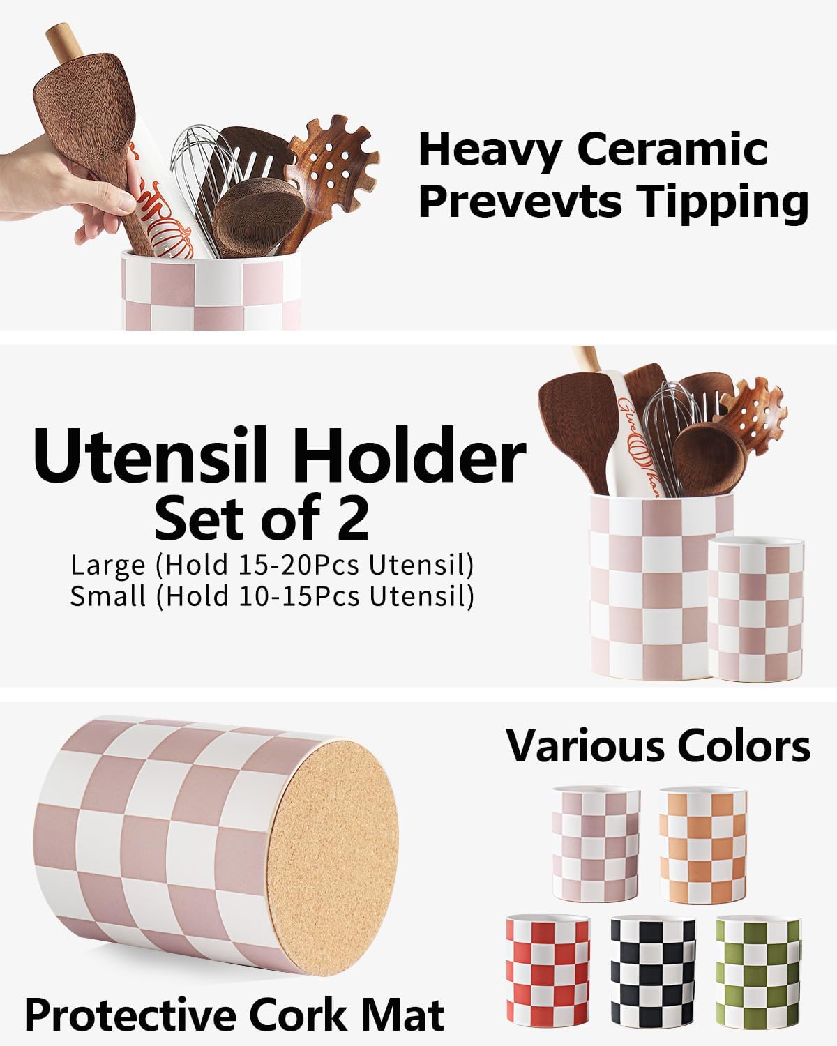 Checkered Kitchen Utensil Holder - 7.2" Ceramic Utensil Crock for Countertop, Kitchen Decor and Accessories for counte (Black)