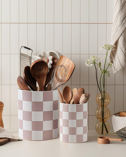 Checkered Kitchen Utensil Holder - 7.2" Ceramic Utensil Crock for Countertop, Kitchen Decor and Accessories for counte (Black)