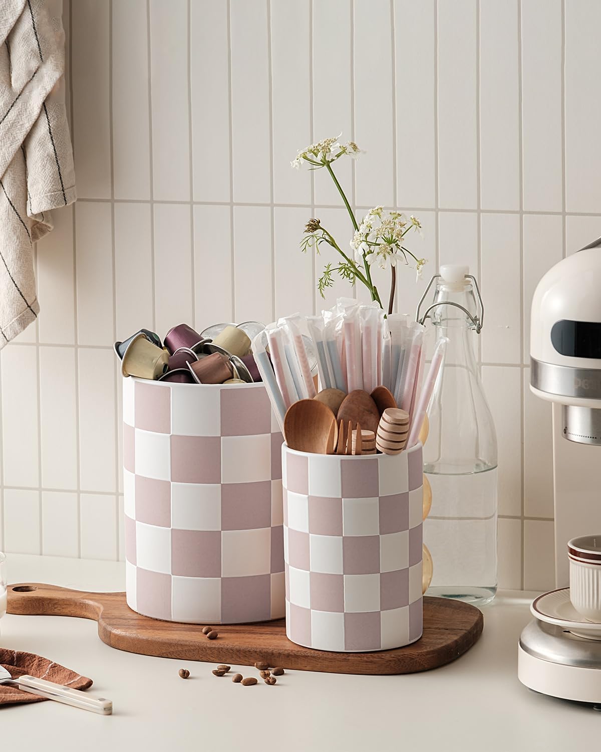 Checkered Kitchen Utensil Holder - 7.2" Ceramic Utensil Crock for Countertop, Kitchen Decor and Accessories for counte (Black)