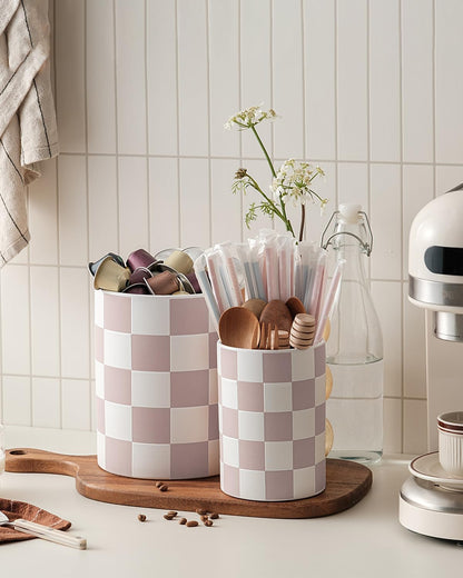 Checkered Kitchen Utensil Holder - 7.2" Ceramic Utensil Crock for Countertop, Kitchen Decor and Accessories for counte (Black)