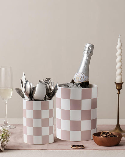Checkered Kitchen Utensil Holder - 7.2" Ceramic Utensil Crock for Countertop, Kitchen Decor and Accessories for counte (Black)