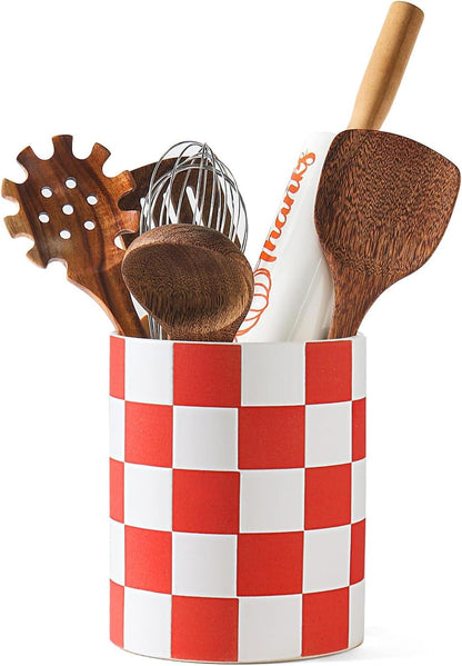 Checkered Kitchen Utensil Holder - 7.2" Ceramic Utensil Crock for Countertop, Kitchen Decor and Accessories for counte (Black)