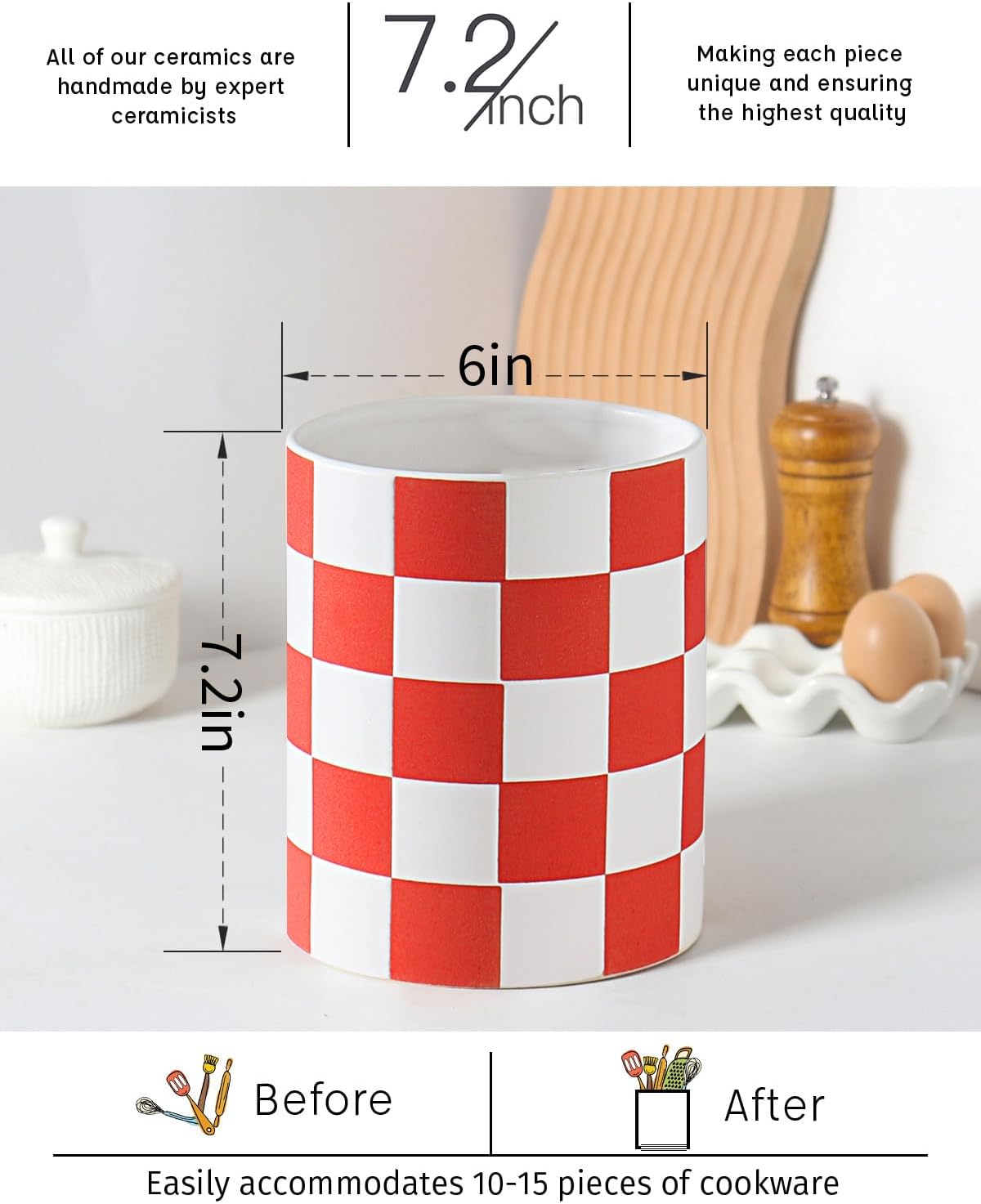 Checkered Kitchen Utensil Holder - 7.2" Ceramic Utensil Crock for Countertop, Kitchen Decor and Accessories for counte (Black)