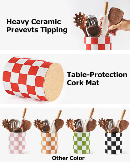 Checkered Kitchen Utensil Holder - 7.2" Ceramic Utensil Crock for Countertop, Kitchen Decor and Accessories for counte (Black)