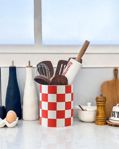 Checkered Kitchen Utensil Holder - 7.2" Ceramic Utensil Crock for Countertop, Kitchen Decor and Accessories for counte (Black)