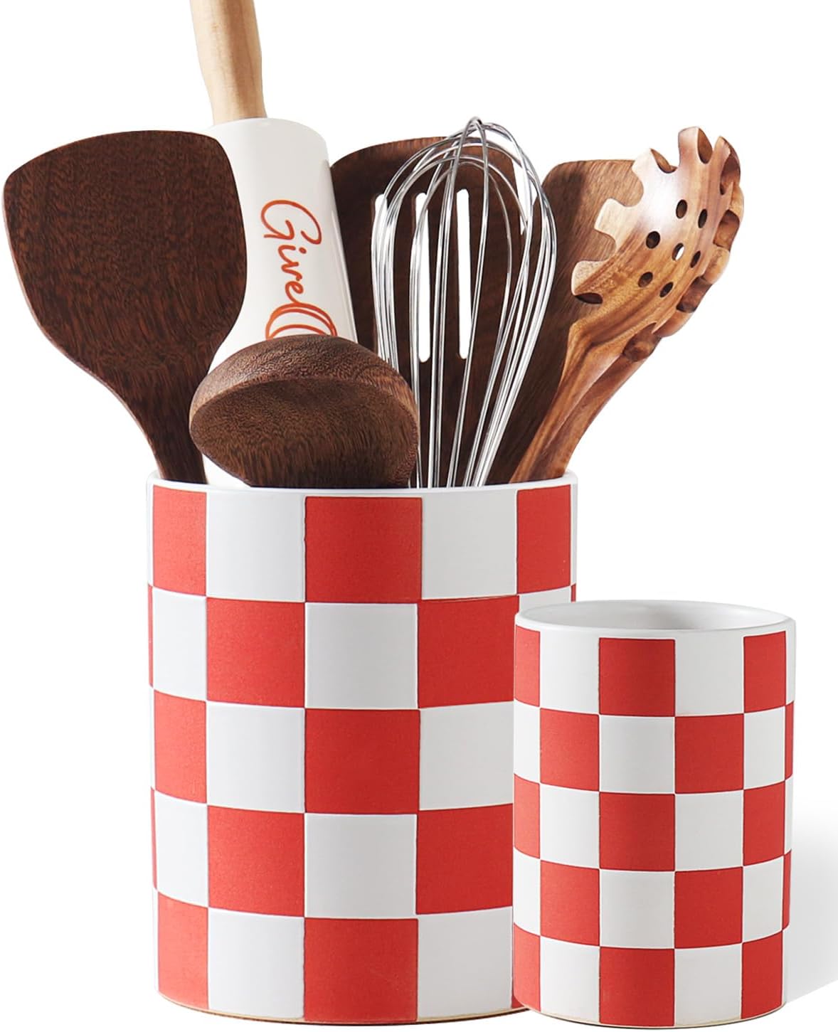 Checkered Kitchen Utensil Holder - 7.2" Ceramic Utensil Crock for Countertop, Kitchen Decor and Accessories for counte (Black)