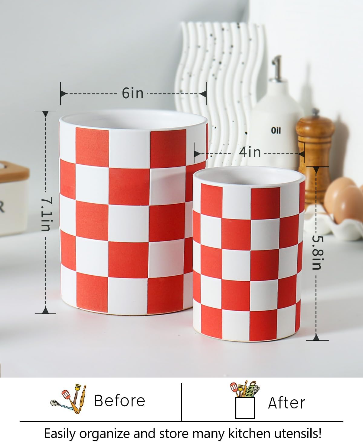 Checkered Kitchen Utensil Holder - 7.2" Ceramic Utensil Crock for Countertop, Kitchen Decor and Accessories for counte (Black)