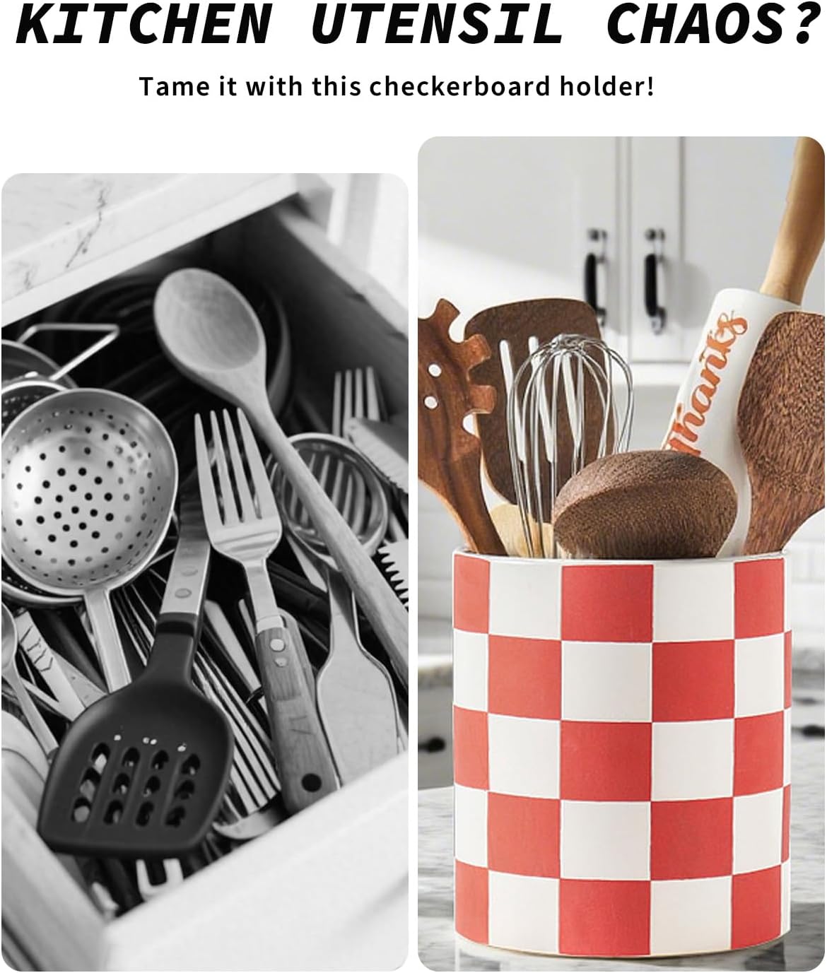Checkered Kitchen Utensil Holder - 7.2" Ceramic Utensil Crock for Countertop, Kitchen Decor and Accessories for counte (Black)