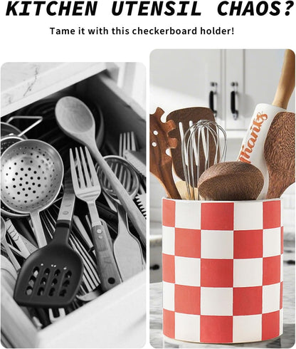 Checkered Kitchen Utensil Holder - 7.2" Ceramic Utensil Crock for Countertop, Kitchen Decor and Accessories for counte (Black)