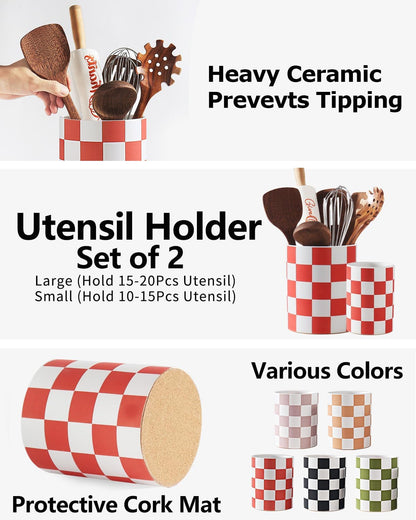 Checkered Kitchen Utensil Holder - 7.2" Ceramic Utensil Crock for Countertop, Kitchen Decor and Accessories for counte (Black)
