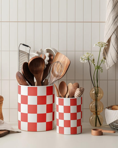 Checkered Kitchen Utensil Holder - 7.2" Ceramic Utensil Crock for Countertop, Kitchen Decor and Accessories for counte (Black)