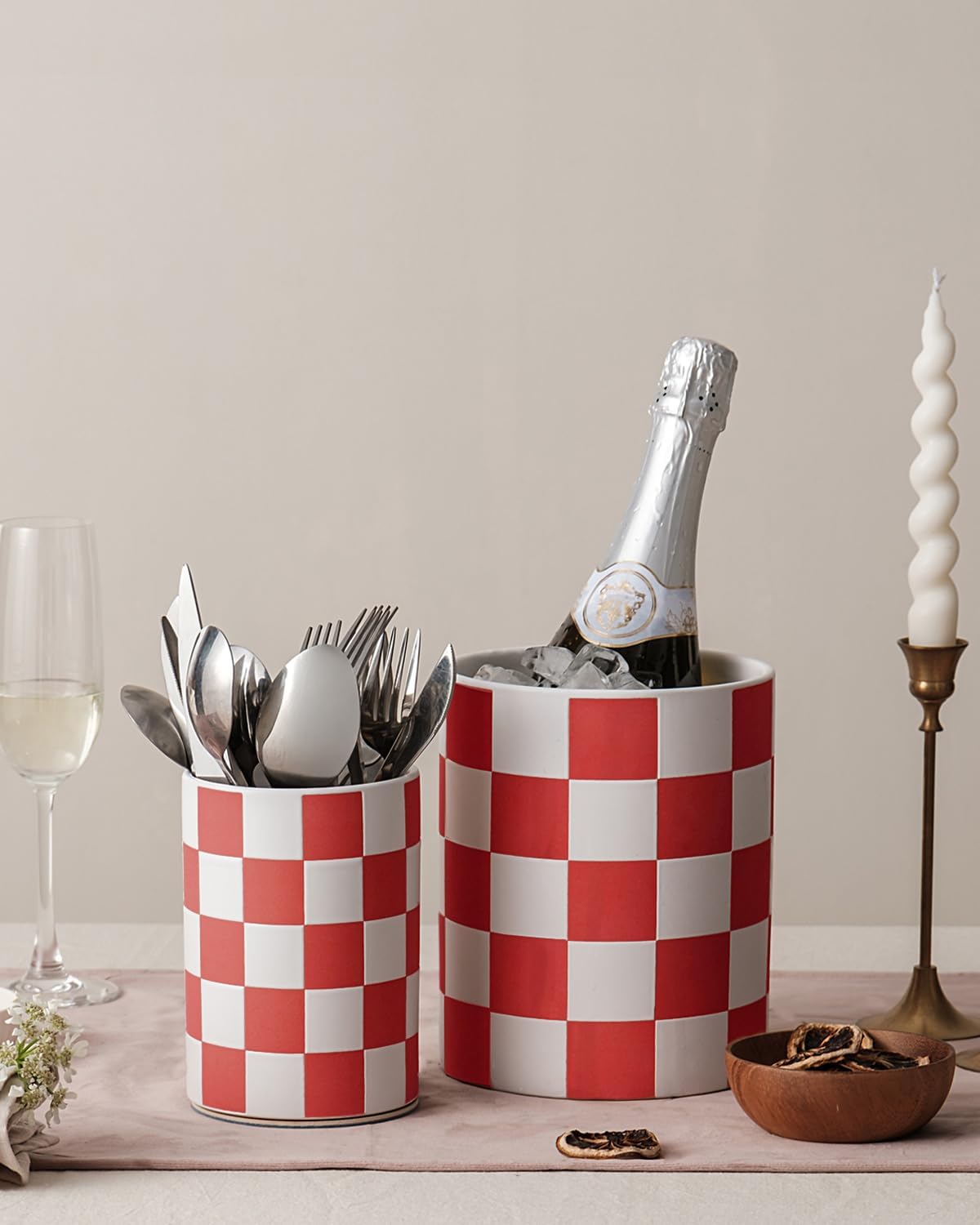 Checkered Kitchen Utensil Holder - 7.2" Ceramic Utensil Crock for Countertop, Kitchen Decor and Accessories for counte (Black)