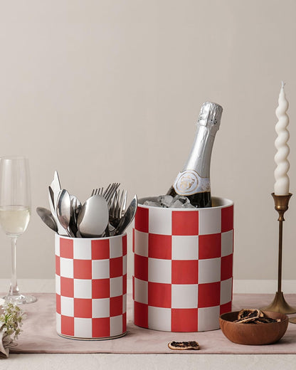 Checkered Kitchen Utensil Holder - 7.2" Ceramic Utensil Crock for Countertop, Kitchen Decor and Accessories for counte (Black)