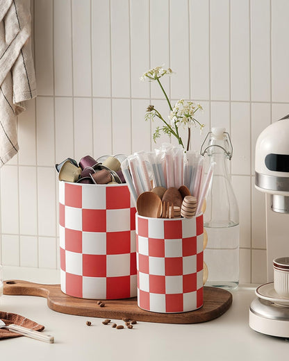 Checkered Kitchen Utensil Holder - 7.2" Ceramic Utensil Crock for Countertop, Kitchen Decor and Accessories for counte (Black)