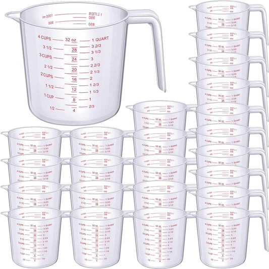 24 Pcs 4 Cup Capacity Plastic Measuring Cup 1000 ml Clear Graduated Measuring Cups Plastic Mug with Spout and Handles Ounce and Ml Marking for Recipe Ingredient Flour Water Liquid(Red,32 oz)