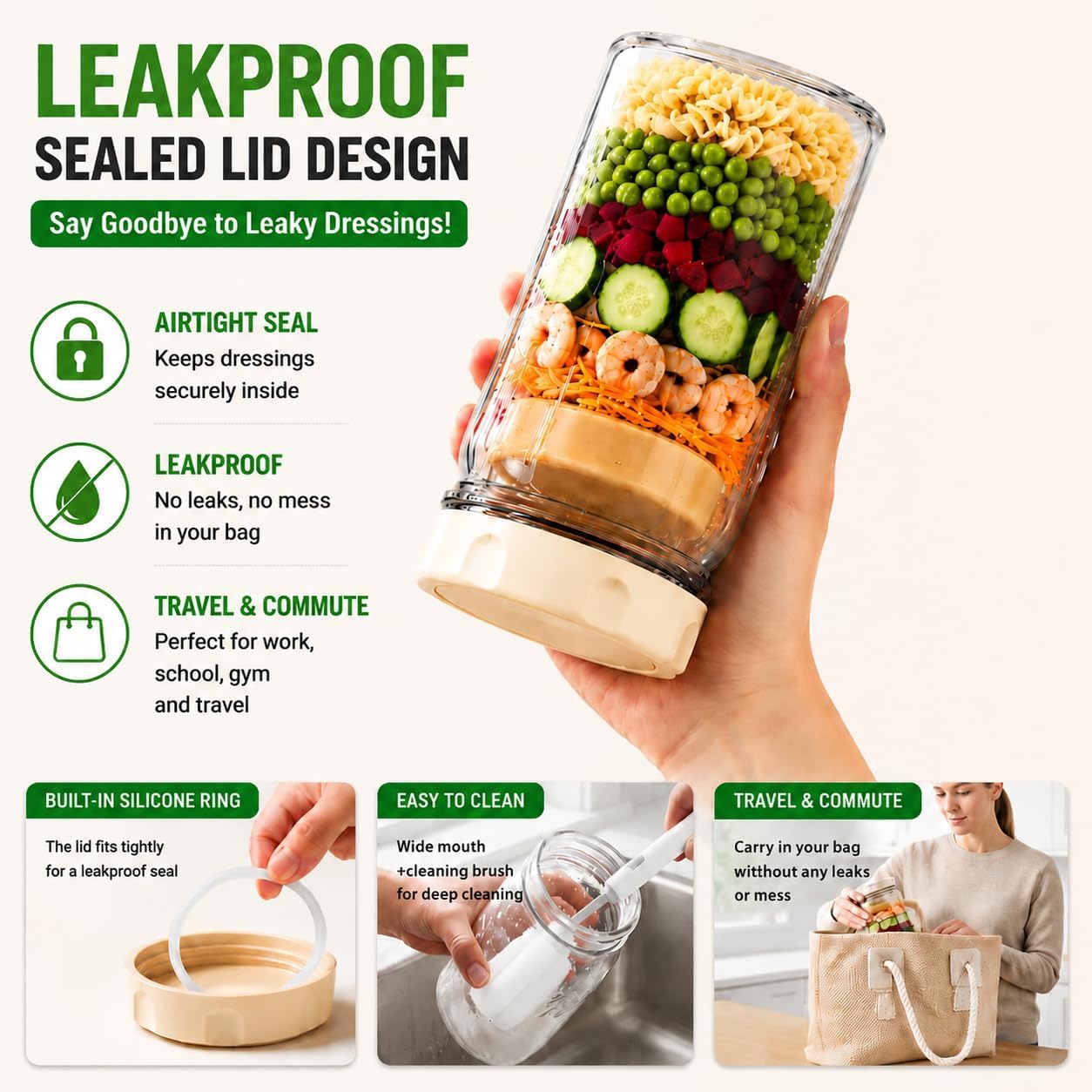 9PCS Salad Meal Prep Containers, 32oz Large Glass Salad Jars with Lids Meal Prep with 4 Forks, Leakproof Salad Container for Lunch with Separate Wet/Dry Dressing Cups for Home, Office and Outdoor