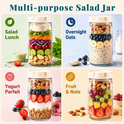 9PCS Salad Meal Prep Containers, 32oz Large Glass Salad Jars with Lids Meal Prep with 4 Forks, Leakproof Salad Container for Lunch with Separate Wet/Dry Dressing Cups for Home, Office and Outdoor